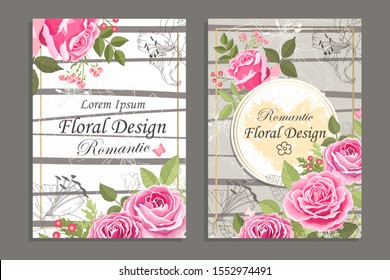 Set of card with flower rose, leaves. Beautiful bouquet of pink flowers and red. Flower composition. Background. Design greeting card and invitation of the wedding, birthday. Vector illustration.