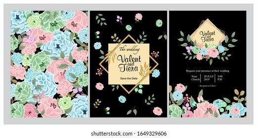 Set of card with flower rose, leaves. Wedding ornament concept. Floral magazine, poster, invite. Vector layout decorative greeting card or invitation design background
