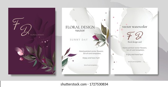 Set Of Card With Flower Rose, Leaves. Wedding Concept. Floral Poster, Invite. Vector Watercolor Decorative Greeting Card Or Invitation Design Background