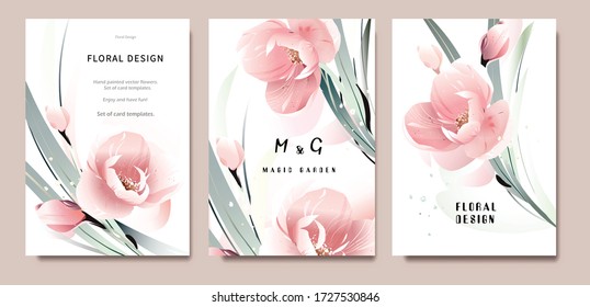 Set of card with flower rose, leaves. Wedding concept. Floral poster, invite. Vector decorative greeting card or invitation design background