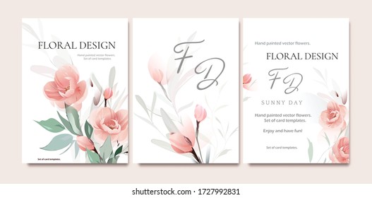 Set Of Card With Flower Rose, Leaves, Sakura. Wedding  Concept. Floral Poster, Invite. Vector Decorative Greeting Card Or Invitation Design Background