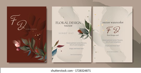 Set of card with flower rose, leaves. Wedding concept. Floral poster, invite. Vector watercolor decorative greeting card or invitation design background