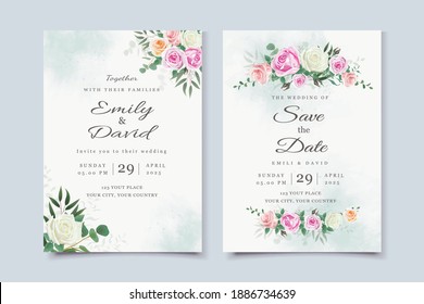 Set of card with flower rose, leaves. Wedding Set of card with flower rose, leaves and watercolor background . Wedding ornament concept