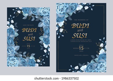 Set Of Card With Flower Rose, Leaves. Wedding Navy Blue And Gold Concept. Floral Poster, Invite. Vector Decorative Greeting Card Or Invitation Design Background,Eps-10