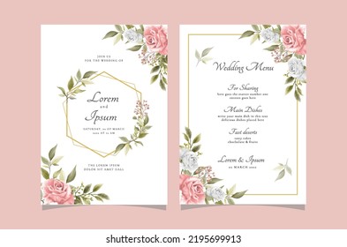 Juego de cartas con rosa de flor y hojas. Concepto de ornamento de boda. Invitación a un afiche floral. Tarjeta de bienvenida decorativa vectorial o fondo de diseño de invitación.