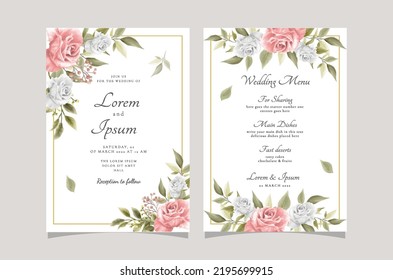 Set of card with flower rose and leaves. Wedding ornament concept. Floral poster invitation. Vector decorative greeting card or invitation design background.