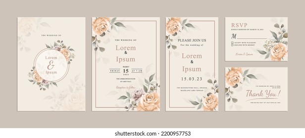 Juego de cartas con rosa de flor y hojas. Concepto de ornamento de boda. Invitación a un afiche floral. Fondo de diseño de invitación o tarjeta de saludo decorativa vectorial