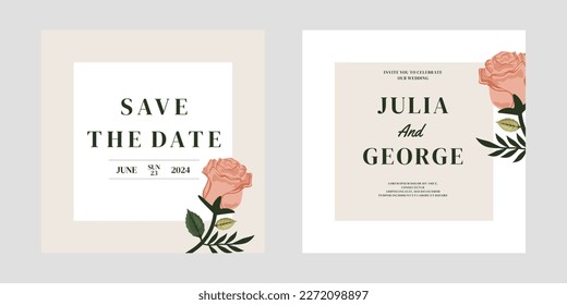 Set of card with flower rose, leaves. Wedding ornament concept. Floral poster. Vector decorative greeting card or invitation design background