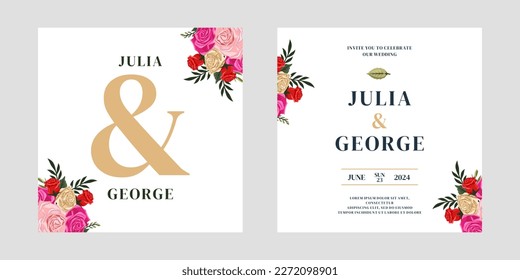 Set of card with flower rose, leaves. Wedding ornament concept. Floral poster. Vector decorative greeting card or invitation design background