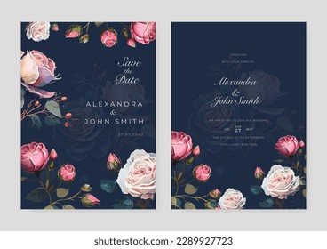 Set of card with flower rose, leaves. Wedding ornament concept. Floral poster, invite. Vector decorative greeting card or invitation design background