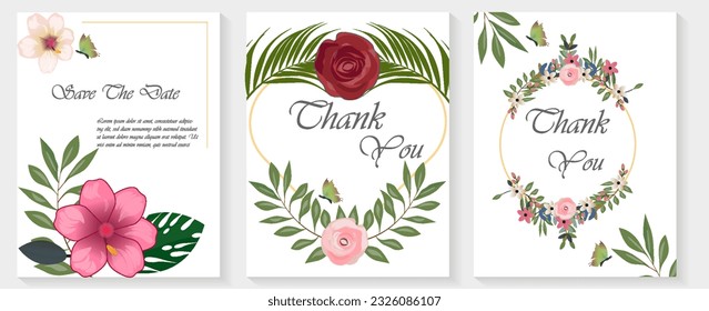 Set of card with flower rose, leaves. Wedding ornament concept. Floral poster, invite. Vector decorative greeting card or invitation design background