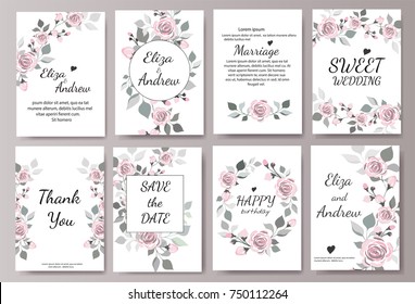 Set of card with flower rose, leaves. Wedding ornament concept. Floral magazine, poster, invite. Vector layout decorative greeting card or invitation design background