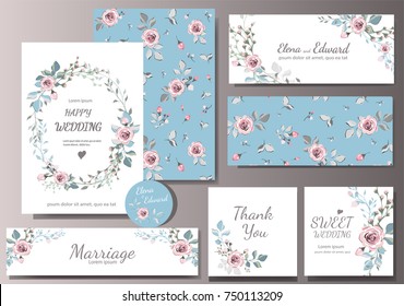 Set of card with flower rose, leaves. Wedding ornament concept. Floral magazine, poster, invite. Vector layout decorative greeting card or invitation design background