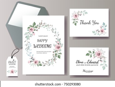 Set of card with flower rose, leaves. Wedding ornament concept. Floral magazine, poster, invite. Vector layout decorative greeting card or invitation design background