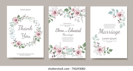 Set of card with flower rose, leaves. Wedding ornament concept. Floral magazine, poster, invite. Vector layout decorative greeting card or invitation design background