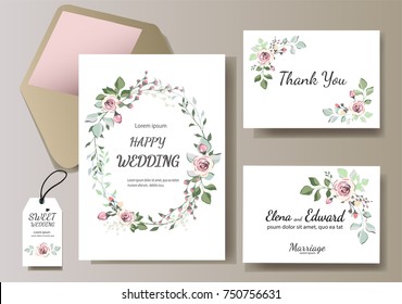 Set of card with flower rose, leaves. Wedding ornament concept. Floral magazine, poster, invite. Vector layout decorative greeting card or invitation design background