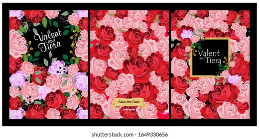 Set of card with flower rose, red, pink, blue, yellow rose. Wedding ornament concept. Floral poster, invite. Vector decorative greeting card, invitation design background

