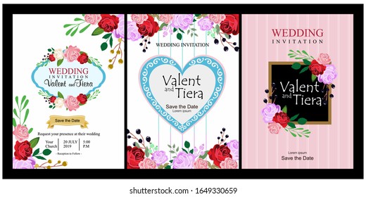 Set of card with flower rose, red, pink, blue, yellow rose. Wedding ornament concept. Floral poster, invite. Vector decorative greeting card, invitation design background
