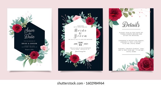 Set of card with flowers. Blue navy wedding invitation template set with floral frame. Peach roses and leaves botanic illustration for background, save the date, greeting, poster, cover vector