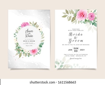 Set of card with flowers border. Invitation template set with floral decoration. Roses and leaves botanic illustration for wedding card, background, save the date, greeting, poster, cover vector