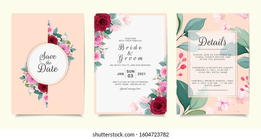 Set of card with flowers. Elegant invitation template set with floral frame. Roses and leaves botanic illustration for wedding card, background, save the date, greeting, poster, cover, event vector