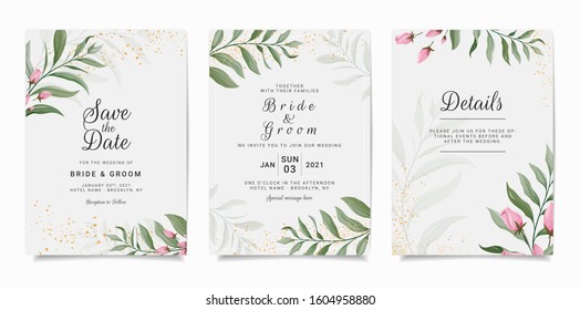 Set of card with flowers. Elegant invitation template set with floral decoration. Leaves botanic illustration for wedding card, background, save the date, greeting, poster, cover, event vector