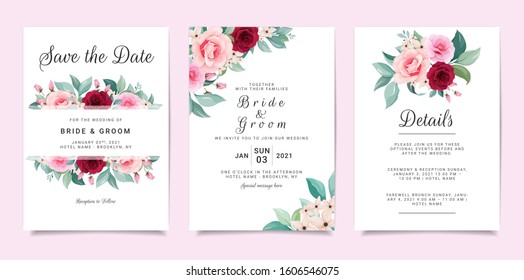 Set of card with flowers. Invitation template set with floral frame and bouquet. Roses and leaves botanic illustration for wedding card, background, save the date, greeting, poster, cover vector