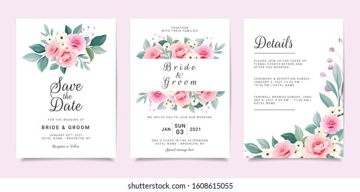 Set of card with flowers. Invitation template set with floral frame and bouquet. Roses and leaves botanic illustration for wedding card, background, save the date, greeting, poster, cover vector