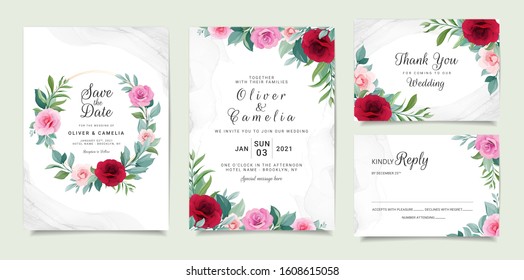 Set of card with flowers. Invitation template set with floral frame and bouquet. Roses and leaves botanic illustration for wedding card, background, save the date, greeting, poster, cover vector