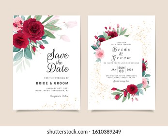 Set of card with flowers. Invitation template set with floral frame and arrangements. Roses and leaves botanic illustration for wedding card, background, save the date, greeting, poster, cover vector