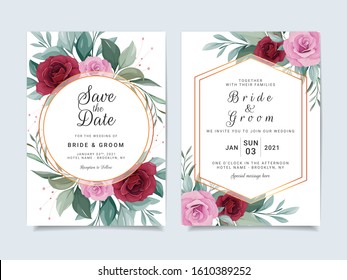 Set of card with flowers. Invitation template set with floral frame and arrangements. Roses and leaves botanic illustration for wedding card, background, save the date, greeting, poster, cover vector
