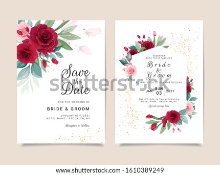 Set of card with flowers. Invitation template set with floral frame and arrangements. Roses and leaves botanic illustration for wedding card, background, save the date, greeting, poster, cover vector