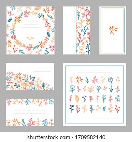 Kartenset mit Blumen, Blättern und Kräutern.Vektorillustration dekorative Grußkarte oder Einladung Design Hintergrund.