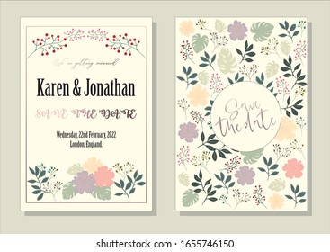 Set of card with flowers and leaves. Wedding invitation card template. Wedding ornament concept. Vector decorative greeting card or invitation design background. Vector. illustration.