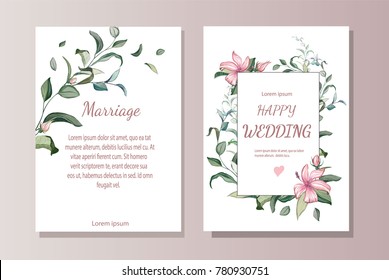 Set of card with flowers, leaves. Wedding botanical ornament. Floral poster, invite. Vector decorative greeting card or invitation design background