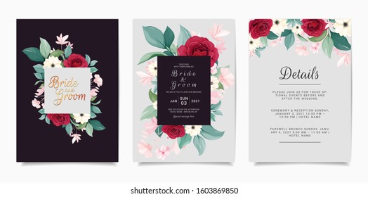 Set of card with flowers. Navy wedding invitation template set with floral frame. Red roses, anemone, and leaves botanic illustration for background, save the date, greeting, poster, cover vector