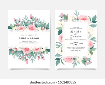 Set of card with flowers. Wedding invitation template set with floral frame. Peach roses and leaves botanic illustration for background, save the date, greeting, poster, cover vector