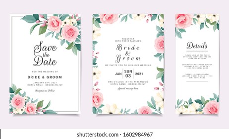 Set of card with flowers. Wedding invitation template set with floral frame. Peach roses and leaves botanic illustration for background, save the date, greeting, poster, cover vector