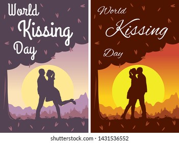 Set of card or flyer for World Kiss Day. Romantic background outdoor - kissing man and woman under a tree on summer sunset landscape. Flat template for social poster, banner, media stories.