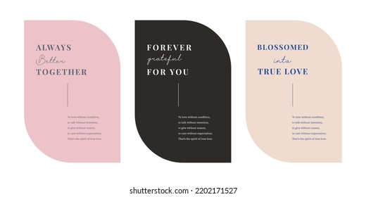 A set of card frame design illustrations with love text in a modern, simple style.