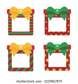 A set of card frame illustrations that can be hung on Christmas concept garland and tree decorations. Ribbon gift box shape deco frame set with stripes, stars and dots pattern.