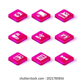 Set Card game, Calculator, Burger, Robot, Bow tie, Postal stamp, Waistcoat and Computer monitor screen icon. Vector