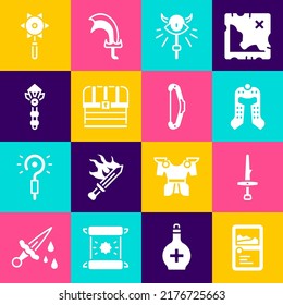 Colección de juegos de cartas, Dagger, casco medieval, personal mágico, Chest, wand, bola de mace encadenada e icono de arco. Vector