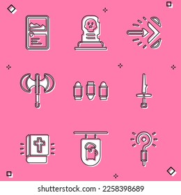 Colección de juegos de cartas, Tumba con lápida, flecha mágica, polo medieval, bala, daga, libro de la Biblia Santa e icono de la barra de señalización de la calle. Vector
