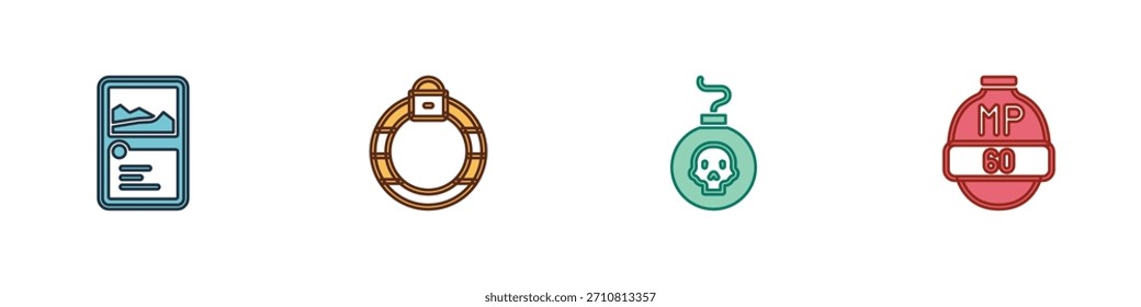 Colección Video del juego de cartas, anillo de piedra mágica, bomba lista para explotar e ícono de barra. Vector