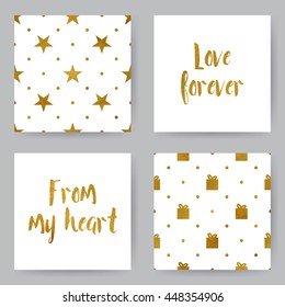 Set of card with golden gift boxes, stars and lettering. For gift and packaging paper, posters, covers, banners, Valentine day invites, cards, party decorations, stationary, web pages.
