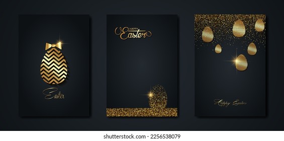 set card Happy Easter gold texture, golden luxury black modern background. Easter holiday invitations templates collection with hand drawn lettering and gold easter eggs. Vector fashion illustration