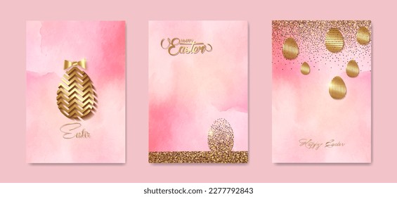 set card Happy Easter gold texture,  luxury pink watercolor background. Easter holiday invitations templates collection with hand drawn lettering and gold easter eggs. Vector fashion illustration