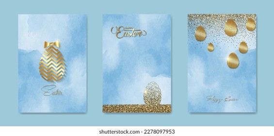 set card Happy Easter gold texture, luxury blue watercolor background. Easter holiday invitations templates collection with hand drawn lettering and gold easter eggs. Vector fashion illustration