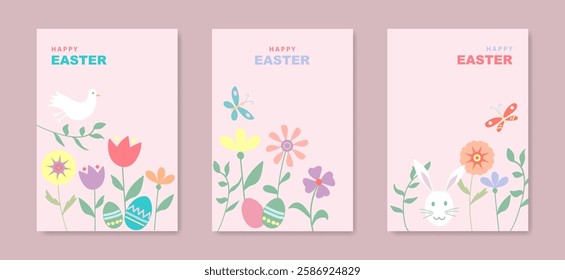 Set card of Happy Easter, Modern flat design with flowers, eggs, dove of peace and bunnies, in pastel colors style. Vector illustration on pink background with copy space